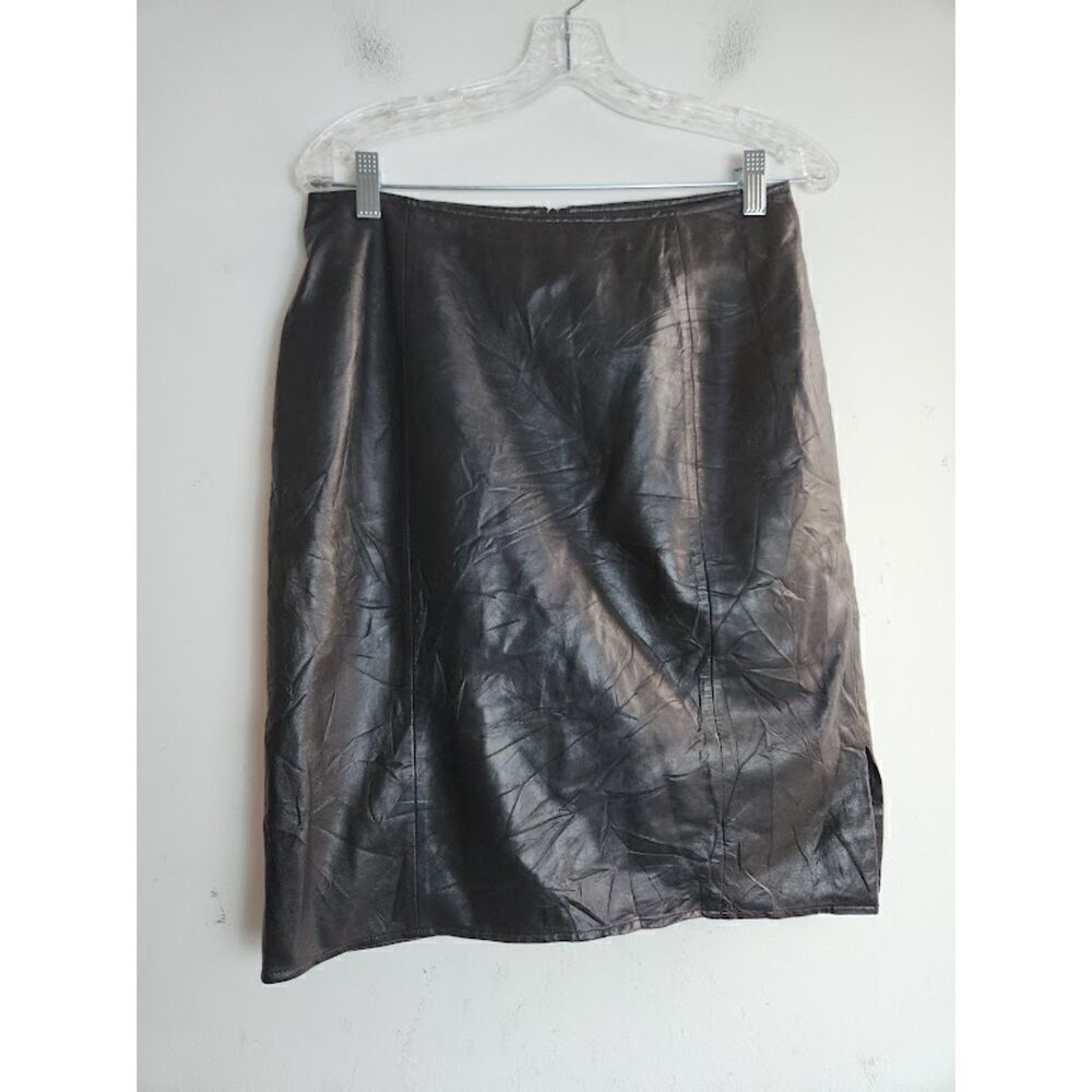 Vakko Sport Women Black 100% Leather A-Line Straight Knee Length Skirt size 10